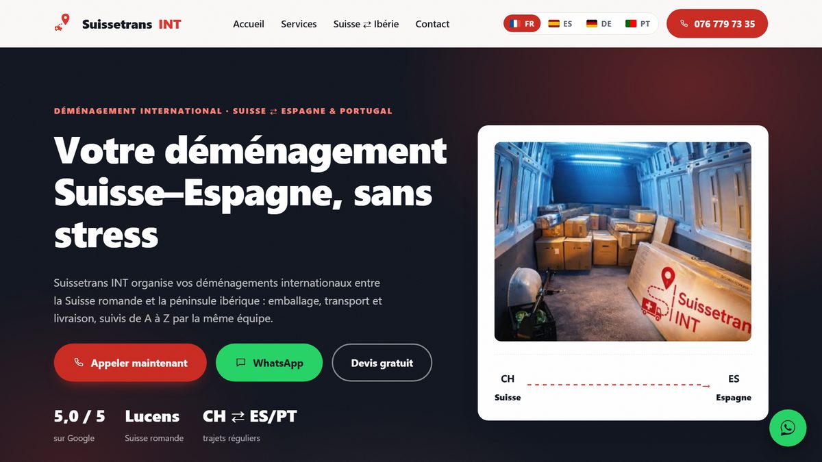 Page d'accueil du site de Suissetrans INT, déménagement international à Lucens