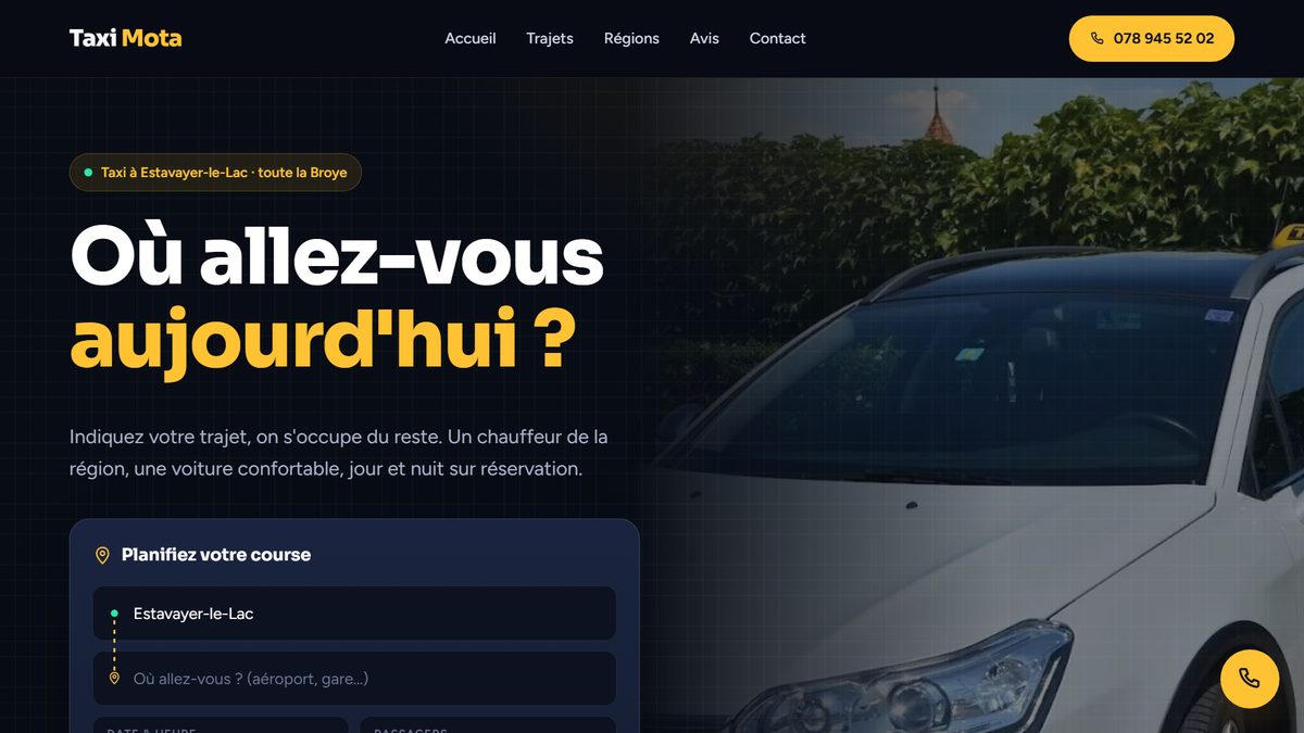 Page d'accueil du site de Taxi Mota, taxi à Estavayer-le-Lac